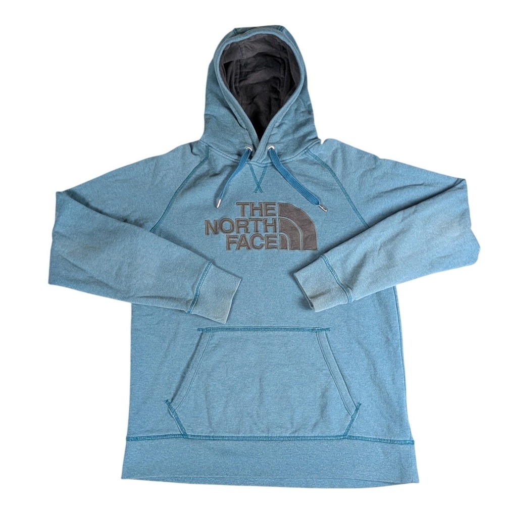 The North Face Mens Pullover Hoodie Heathered Teal Blue Embroidered Logo Fleece